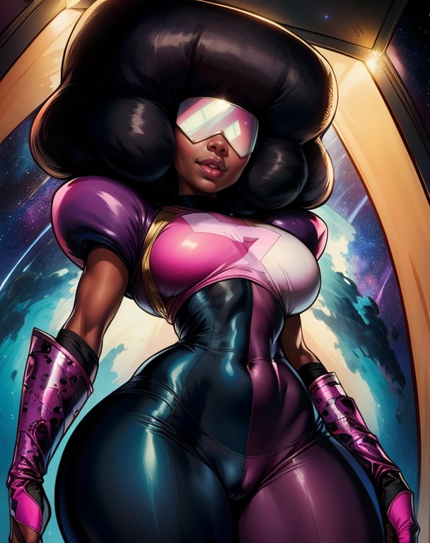 Garnet,black afro,navel,standing,upper body,retro shades,chest plate,black and pink bodysuit,large gloves,curvy,smile,cameltoe,standing, from below,  toned, outer space,stars,(insanely detailed, beautiful detailed face, masterpiece, best quality),solo,<lora:GarnetShades:0.8>,