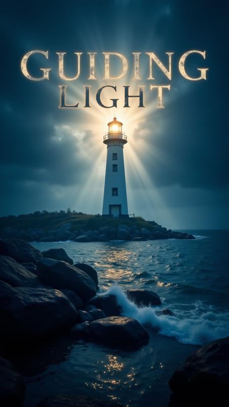 An artistic book cover featuring a glowing lighthouse standing tall on a rocky shore. The light from the lighthouse beams out across the ocean, subtly forming the phrase "Guiding Light" as the waves crash against the rocks below.  , aidmaTextImprover