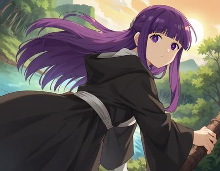 score_9, score_8_up, score_7_up, source_anime,fern, <lora:fern-s1-ponyxl-lora-nochekaiser:1>,fern, long hair, bangs, purple eyes, purple hair, sidelocks, blunt bangs, bright pupils, half updo,long sleeves, dress, white dress, long dress, robe, black robe,outdoors, nature, forest, trees, river, sun, sky, clouds, bent over,looking at viewer, cowboy shot, dutch angle,