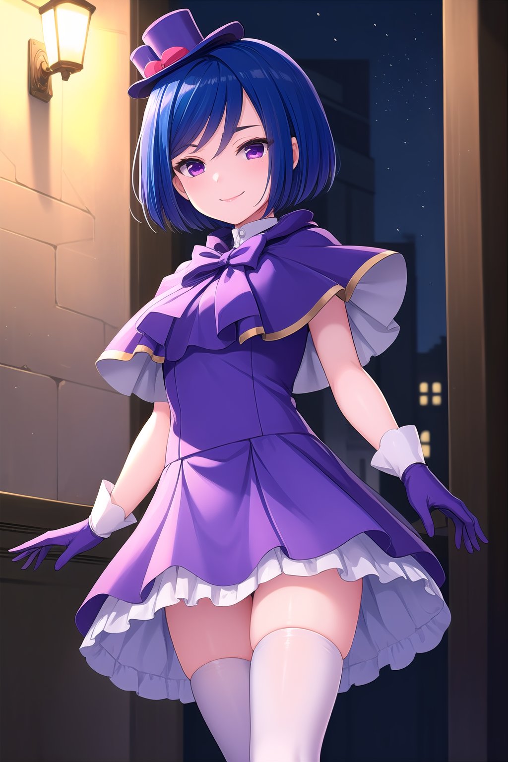 (masterpiece, best quality), highly detailed background, perfect lightingbest quality, akasegawamaki, solo, outdoors, night, magical girl, mini top hat, purple headwear, blue hair, swept bangs, bob cut, short hair, purple eyes, medium breasts, purple capelet, purple dress, white bowtie, purple gloves, purple skirt, purple thighhighs, smile, closed mouth, :), pink lips, <lora:Akasegawa-Maki-2-10:0.7>