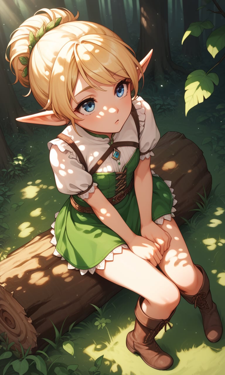 score_9, score_8_up, score_7_up, score_6_up, score_5_up, score_4_up, source_anime, BREAK, 1girl, solo, elf girl, elf ears, pixie, sitting on log, forest, blue eyes,from above,looking up,ground,blonde hair,(dappled sunlight)1.2,blurry,depth of field, boots,leaf