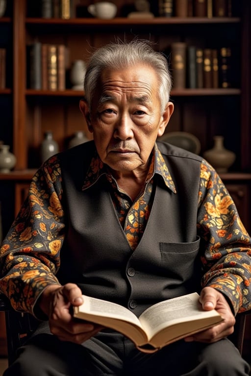 A creative portrait of an Asian elder, sitting in a retro-styled room filled with bookshelves and antiques. His face bears the marks of time and wisdom, with deep and determined eyes that tell stories of life experiences. He holds an open book in his hands, seemingly engrossed in reading. The entire scene exudes a sense of history and culture. High quality photo, ultra detailed, sharp focus, dramatic lighting, cinematic composition.