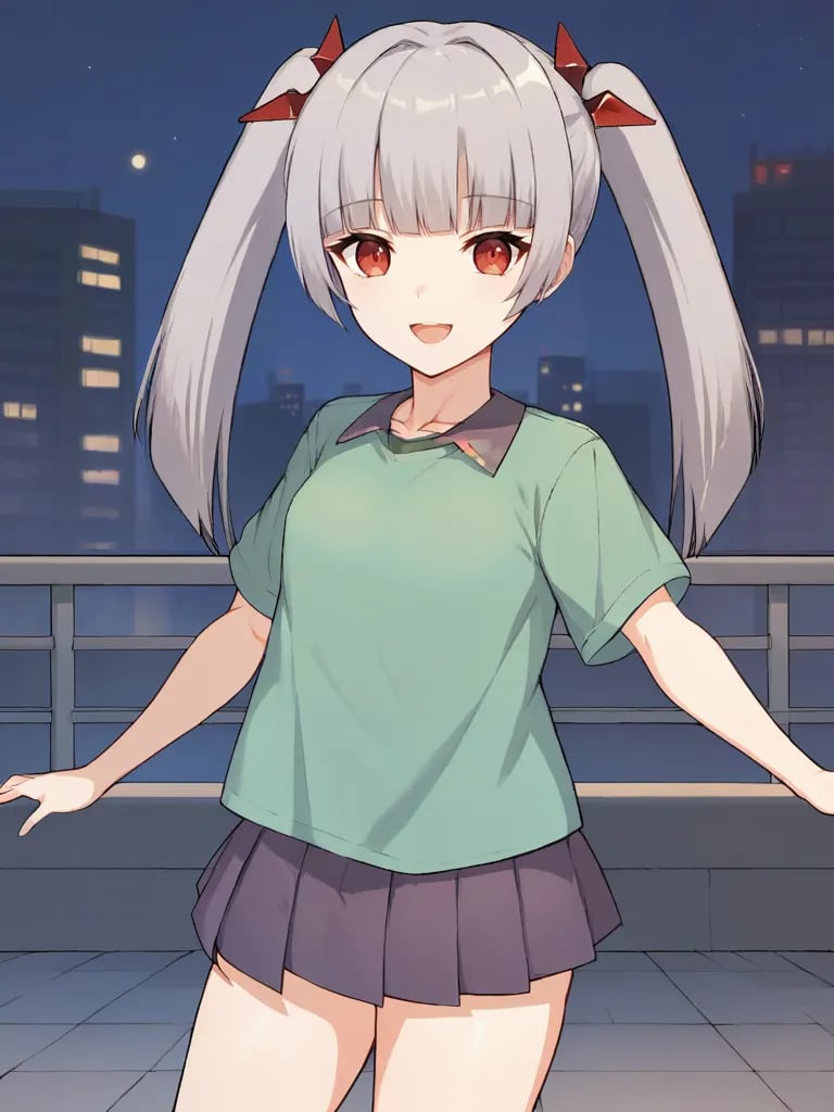 <lora:miamgbpony:1>,score_9, score_8_up, score_7_up, 1girl, solo, miamgb, grey hair, twintails, hair ornament, red eyes, green shirt, short sleeves, purple skirt, pleated skirt, outdoors, city, crossing, night, open mouth, smile, looking at viewer