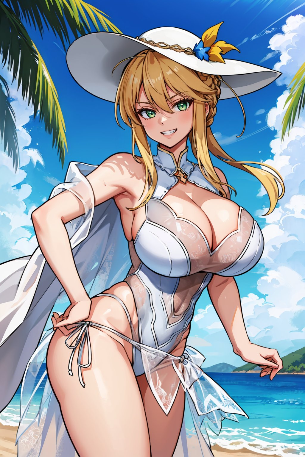 masterpiece, best quality, 1girl, <lora:artoriaruler-nvwls-v1-000009:0.9> 2ndruler, braid, sun hat, white one-piece swimsuit, cleavage cutout, see-through, sarong, blue sky, palm trees, sand, looking at viewer, grin, huge breasts