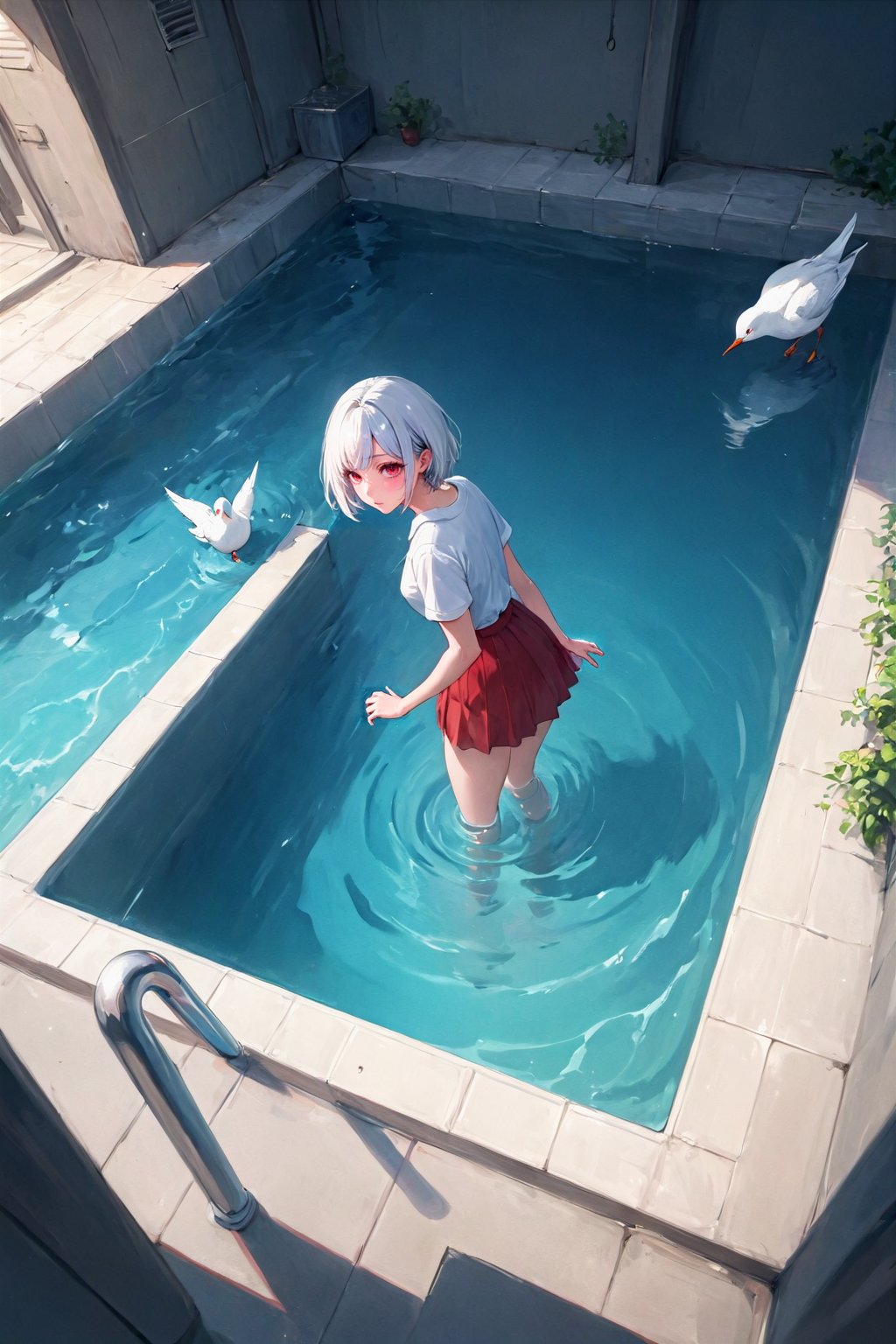 1boy, 1girl, bird, from above, glowing, morncolour, original, pool, pool ladder, red skirt, reflection, scenery, shirt, short hair, short sleeves, skirt, small stellated dodecahedron, water, waves, white bird, white hair, white shirt, wide shot, basement, best quality, amazing quality, very aesthetic, incredibly absurdres, (best quality, 4k, 8k, highres, masterpiece, absurd, raytracing:1.2), absurdres, very aesthetic, (perfect hands, perfect anatomy), The highest image quality, excellent detail, ultra-high resolution, best illustration, attention to detail, detailed hands, expressive eyes, detailed eyes, detailed face, highly detailed