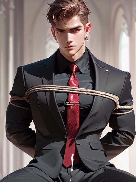 (score_9,score_8_up,score_7_up),1boy,male focus,necktie,solo,suit,formal,blurry background,shirt,blurry,looking at viewer,black shirt,jacket,upper body,earrings,jewelry,short hair,collared shirt,red necktie,brown hair,closed mouth,realistic,black jacket,suit jacket,,solo,muscular male,large pectorals,shibari,restrained,hands behind back,erection,testicles,ejaculation,wet,driping,solo,interior,spread legs,kneeling,<lora:AFAE-000008:1>