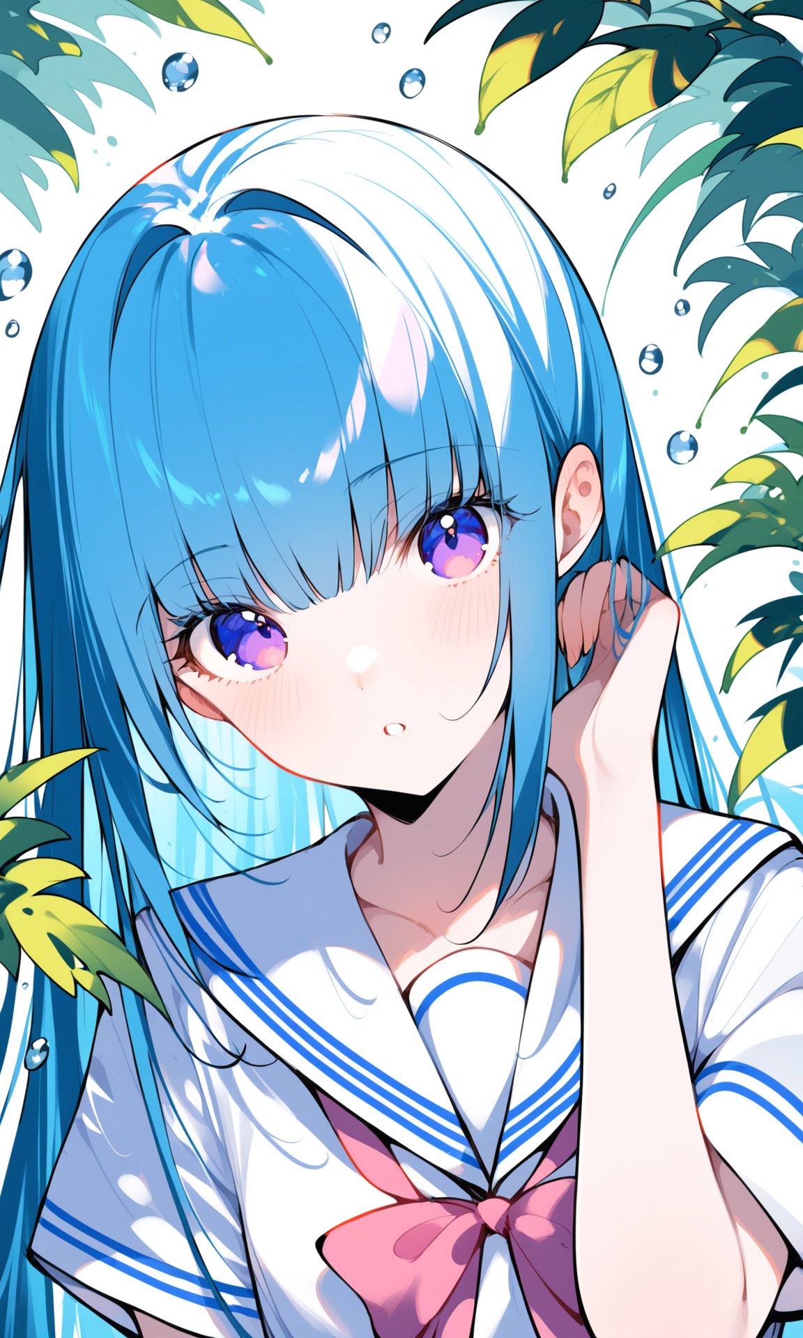 1girl, solo, looking at viewer, water drop, leaf, bangs, blush, purple eyes, hand up, upper body, parted lips, long hair, branch, shirt, ribbon, blue hair, short sleeves, collarbone, school uniform, white sailor collar, plant, pink ribbon