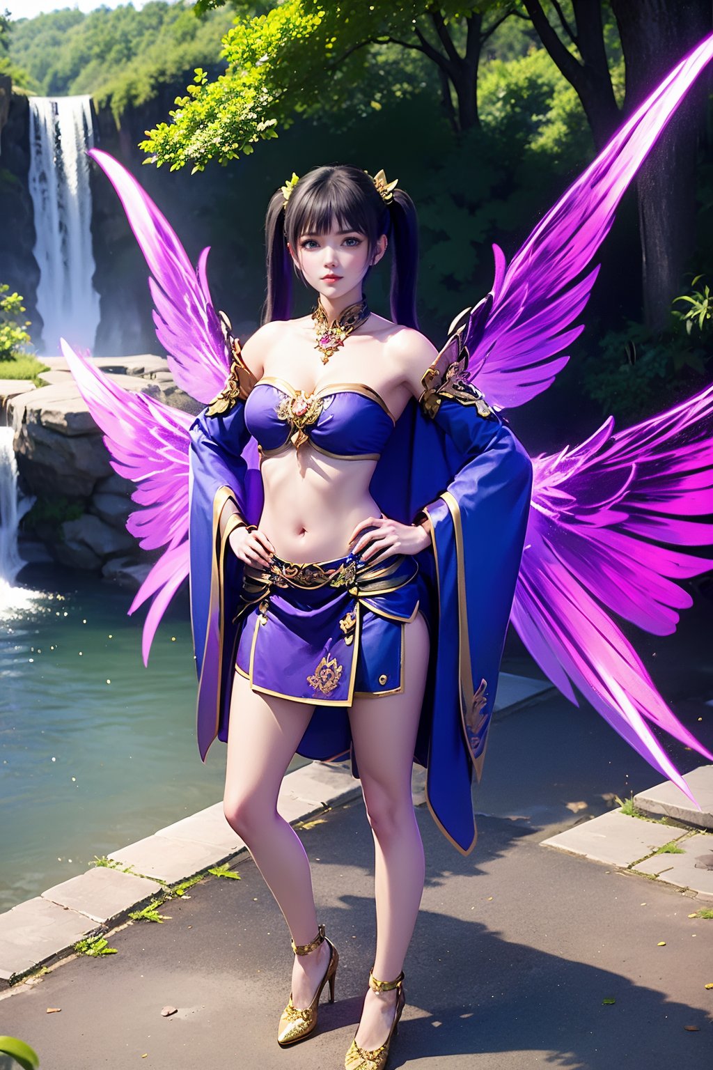 1girl, waterfall, solo, breasts, water, hands on own hips, navel, twintails, black hair, detached sleeves, wings, skirt, midriff, standing, outdoors, looking at viewer, long hair, hair ornament, cleavage, bare shoulders, full body, wide sleeves, medium breasts, strapless, tube top, purple sleeves, purple skirt, nature, long sleeves, jewelry, crop top, purple footwear, blue eyes, closed mouth, day, nail polish, collarbone, tree, bare legs, blunt bangs, grey eyes, miniskirt, lips, stomach, high heels, river