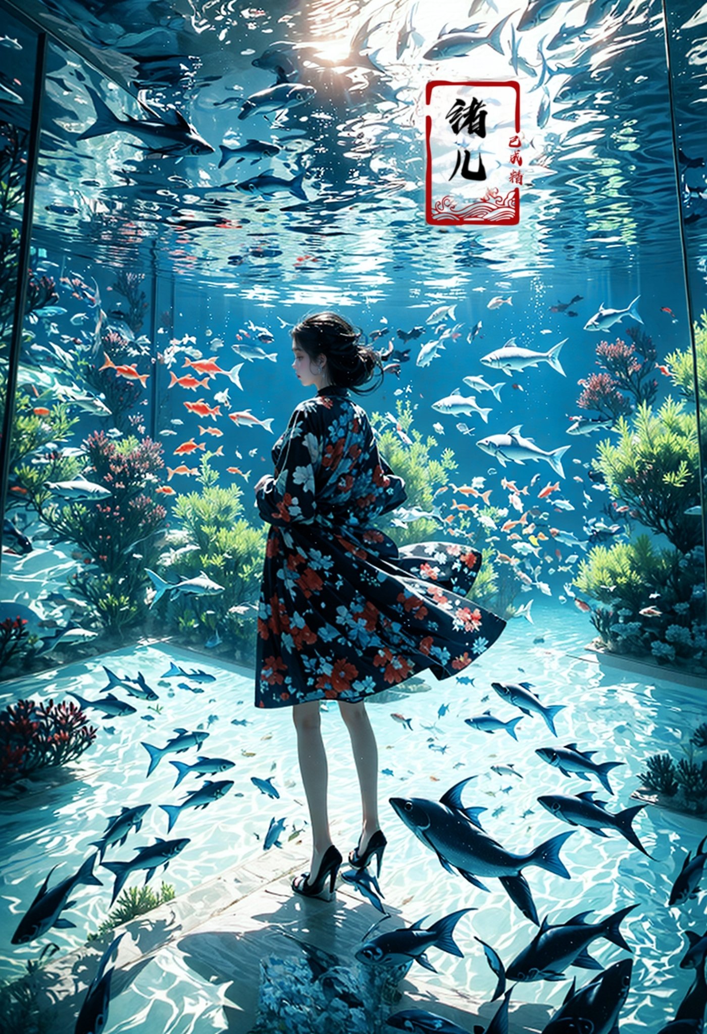 fluorescent Red theme, fish, aquarium,  solo,1girl, scenery, water，<lora:绪儿-海底世界 Underwater world:0.8>