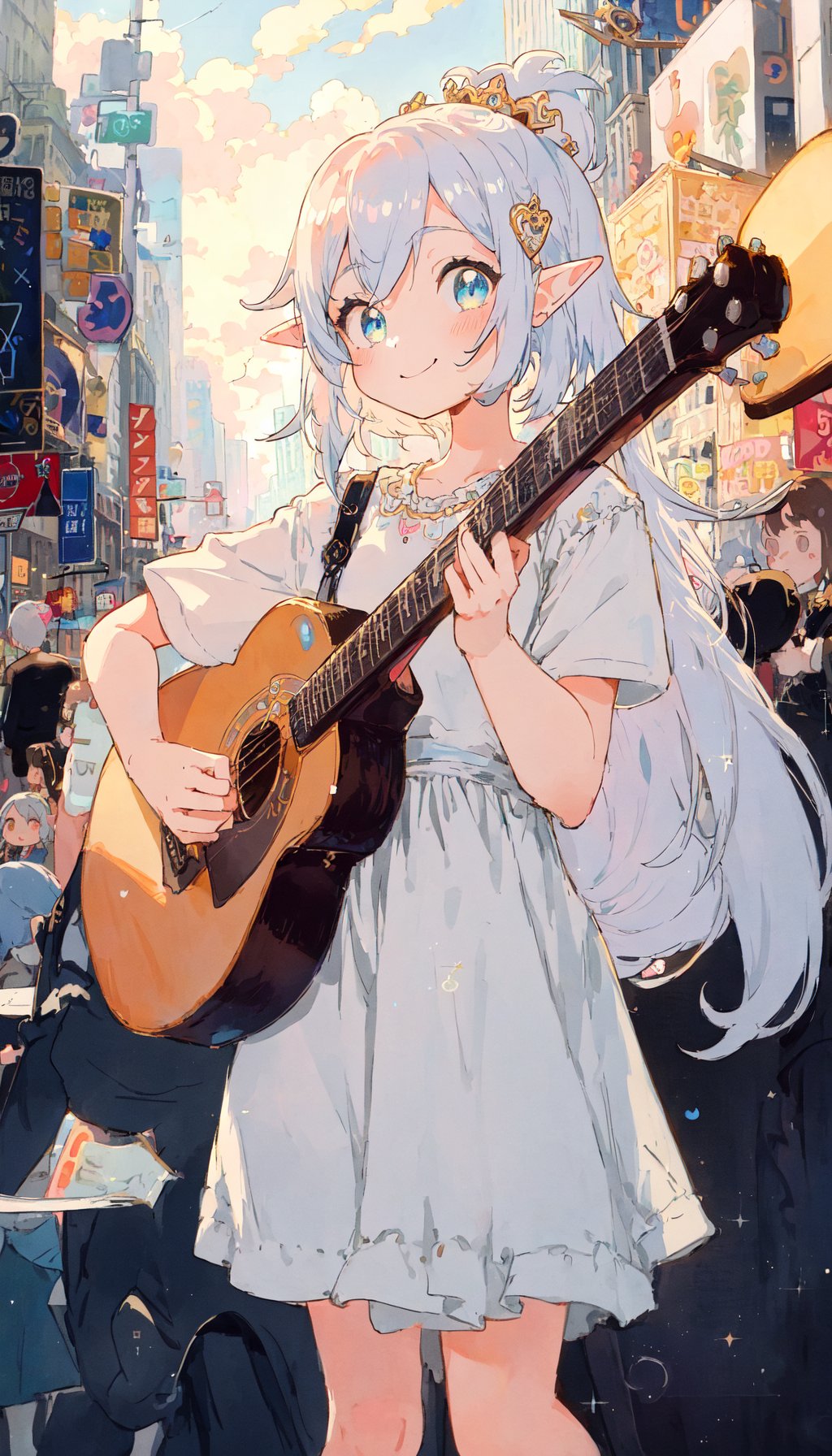 polaroid photo, masterpiece, best quality, cute chibi illustration, 1girl, the cloud elf queen busks on the streets of new york, spoken musical note, musical note, casual, playing guitar, relaxed, happy, film grain, soft lighting, glittering, sparkling, HDR