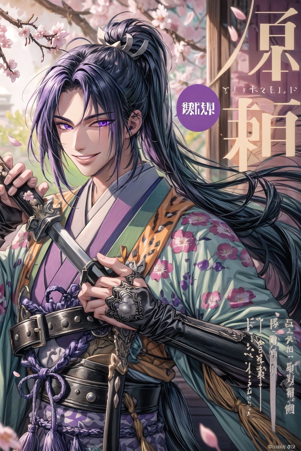 (masterpiece, best quality:1.3), 8k resolution, digital illustration, 3d, original, 2d, traditional media, cinematic, ultra-detailed portrait, hyperdetailed, (deep depth of field:1.3), y0rihisa, 1boy, bishounen, samurai, manly, male focus, (leopard print), Japanese clothes, belt, fingerless gloves, cowboy shot, fighting stance, (holding sword:1.3), planted sword, erious, japanese architecture, warrmth, detailed face, focus, glaring, facing viewer, purple hair, purple eyes, hair intakes, high ponytail, looking at viewer, floating hair, fingerless gloves, dynamic posture, volumetric lighting, bloom, petals, cherry_blossoms, (extremely detailed), intricate details<lora:EMS-365546-EMS:0.900000>, <lora:EMS-179-EMS:0.200000>, <lora:EMS-91280-EMS:0.300000>