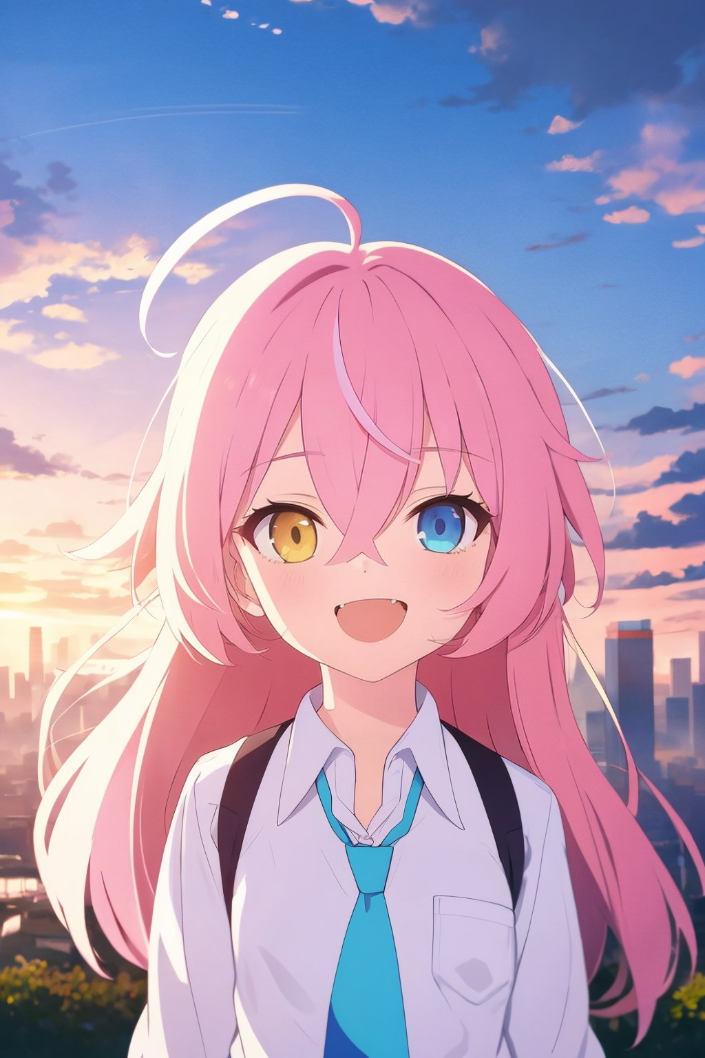 masterpiece,best quality,1girl,solo,necktie,shirt,sky,long hair,fang,cloud,pink hair,looking at viewer,white shirt,heterochromia,collared shirt,blue necktie,skyscraper,building,blue eyes,outdoors,hair between eyes,ahoge,upper body,sunset,yellow eyes,open mouth,no humans,smile,<lora:BA_v1_wd14_LoRA:0.8>,