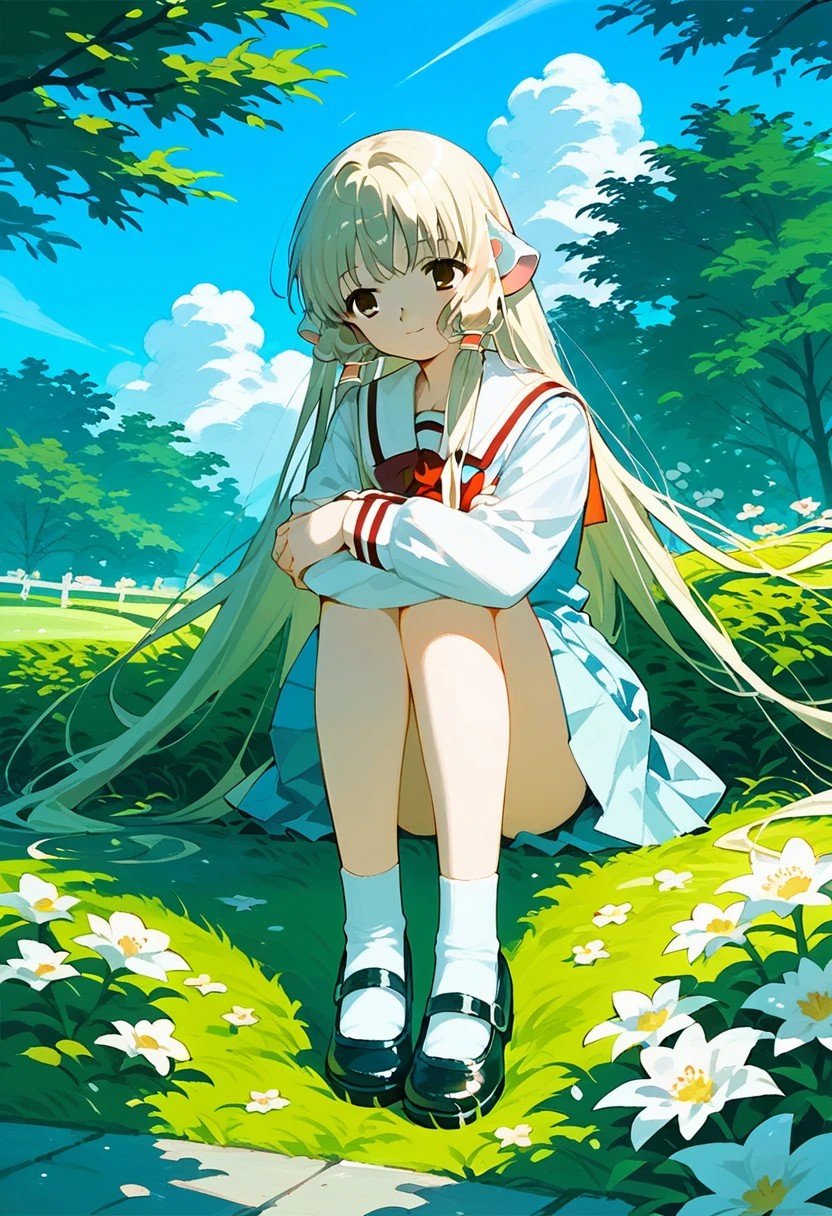 score_9,score_8_up,score_7_up,source_anime, Chii (Chobits),1girl,solo,long sleeves,dress,sitting,school uniform,full body,flower,outdoors,sky,shoes,socks,day,cloud,tree,grass,wind,mary janes,hugging own legs,