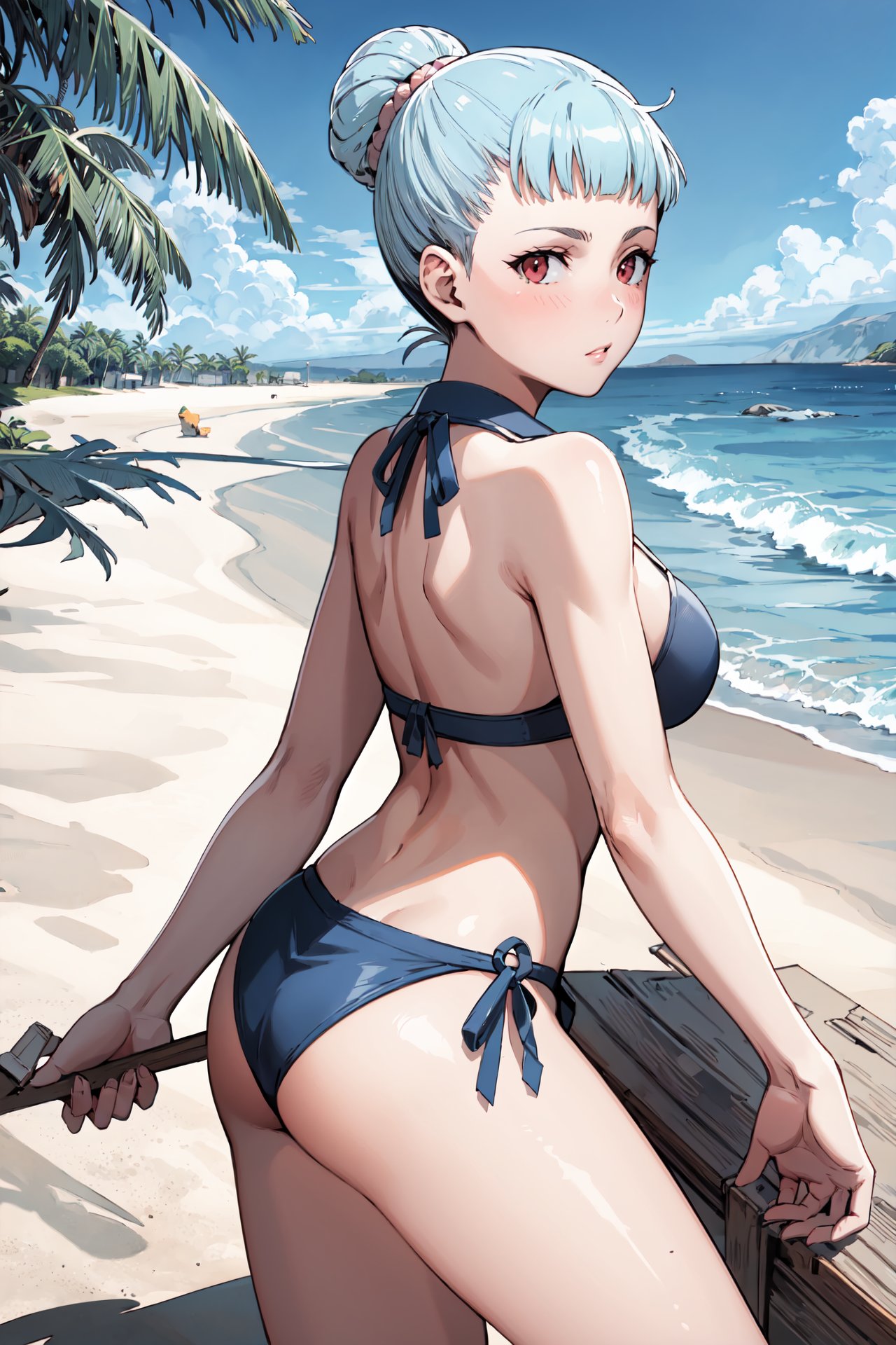 dorsiflexion,from side,<lora:philaV2:0.9>,phila,blunt bangs,blush,forehead,bikini,beach,(masterpiece, best quality, ultra-detailed, best shadow) 