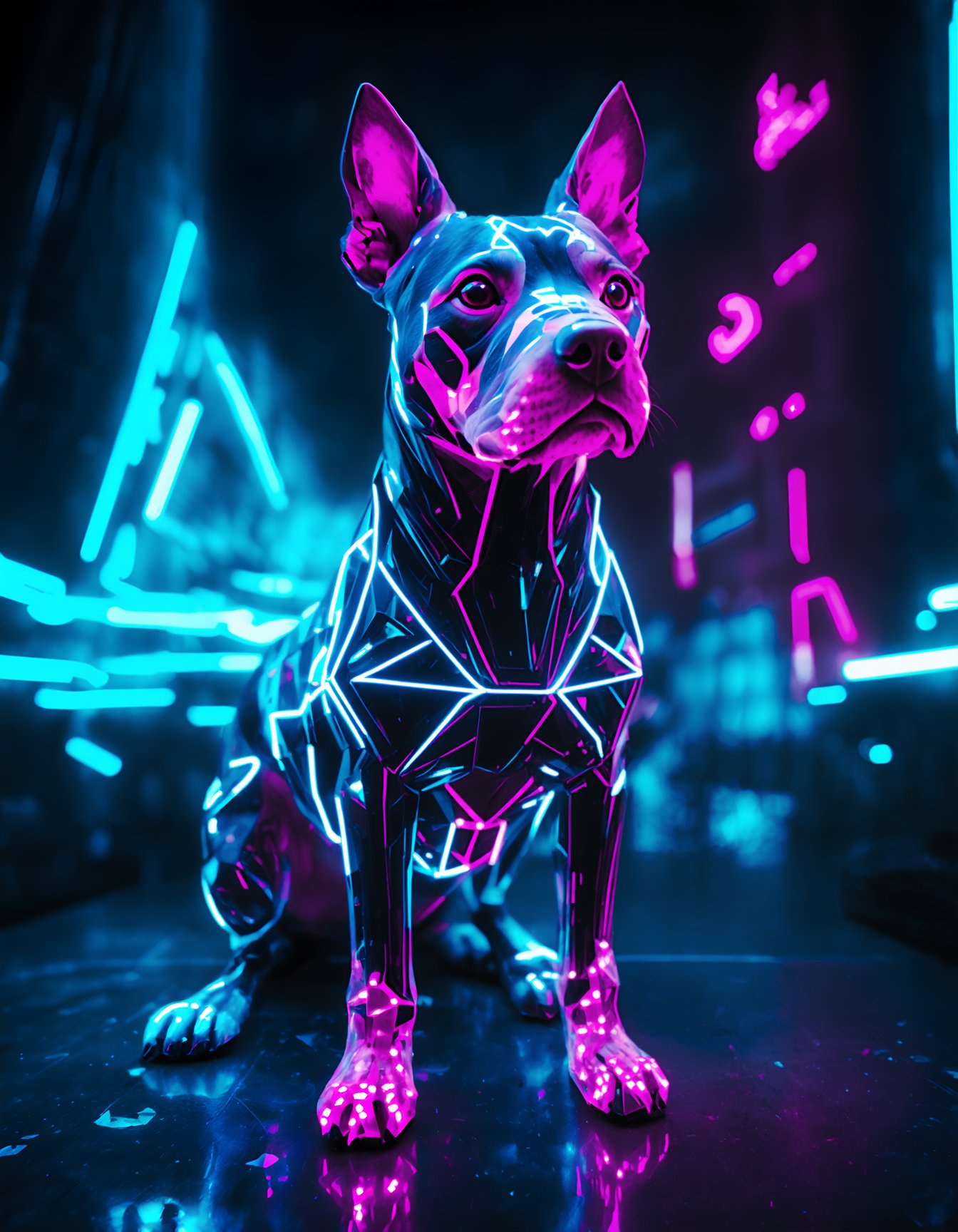 (intricate, ultra high detail, photorealistic, 8K, high-resolution, masterpiece), neon-lit futuristic dog with a geometric and crystalline design, vibrant colors including neon pink, blue, and purple, sharp and angular shapes, glowing accents, sci-fi cyberpunk environment, dark background with colorful neon lights, detailed reflections and highlights, the dog in a vigilant pose, surrounded by abstract shapes and structures, emphasis on the contrast between the bright neon colors and the dark setting.,