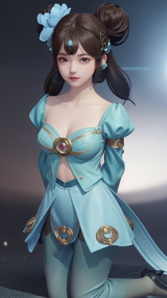 (1girl),smooth chin,masterpiece,detailed face,((hair ornament)),top quality,4k,make up,best quality,medium breasts,(looking at viewer),long legs,double bun,jewelry hair,dress,detached sleeves,ribbon,shawl,light blue skirt,puffy pants,hair rings,hair flower,(wariza),(arms behind back),bangs,jewelry on bangs,<lora:王者 小乔 青蛇SD_v1.0:0.6>,