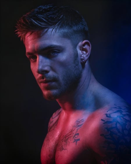 <lora:Dean_Winchester:0.5> dean winchester <lora:Studio_lighting:1> Studio lighting, low saturation, (red and blue lighting), grey background, realistic Photo of a young boy, muscular man, close up portrait, dark, hairy, windows, close up portrait, high detail, realistic, high detail, 8k, (Masterpiece, high quality:1.3), masterpiece, depth of field, bokeh, detailed, homoerotic, (homoerotic), highly detailed, sharp focus, intricate, smooth, elegant, fantasy, masterpiece, matte, photorealistic, 4k, beautiful,