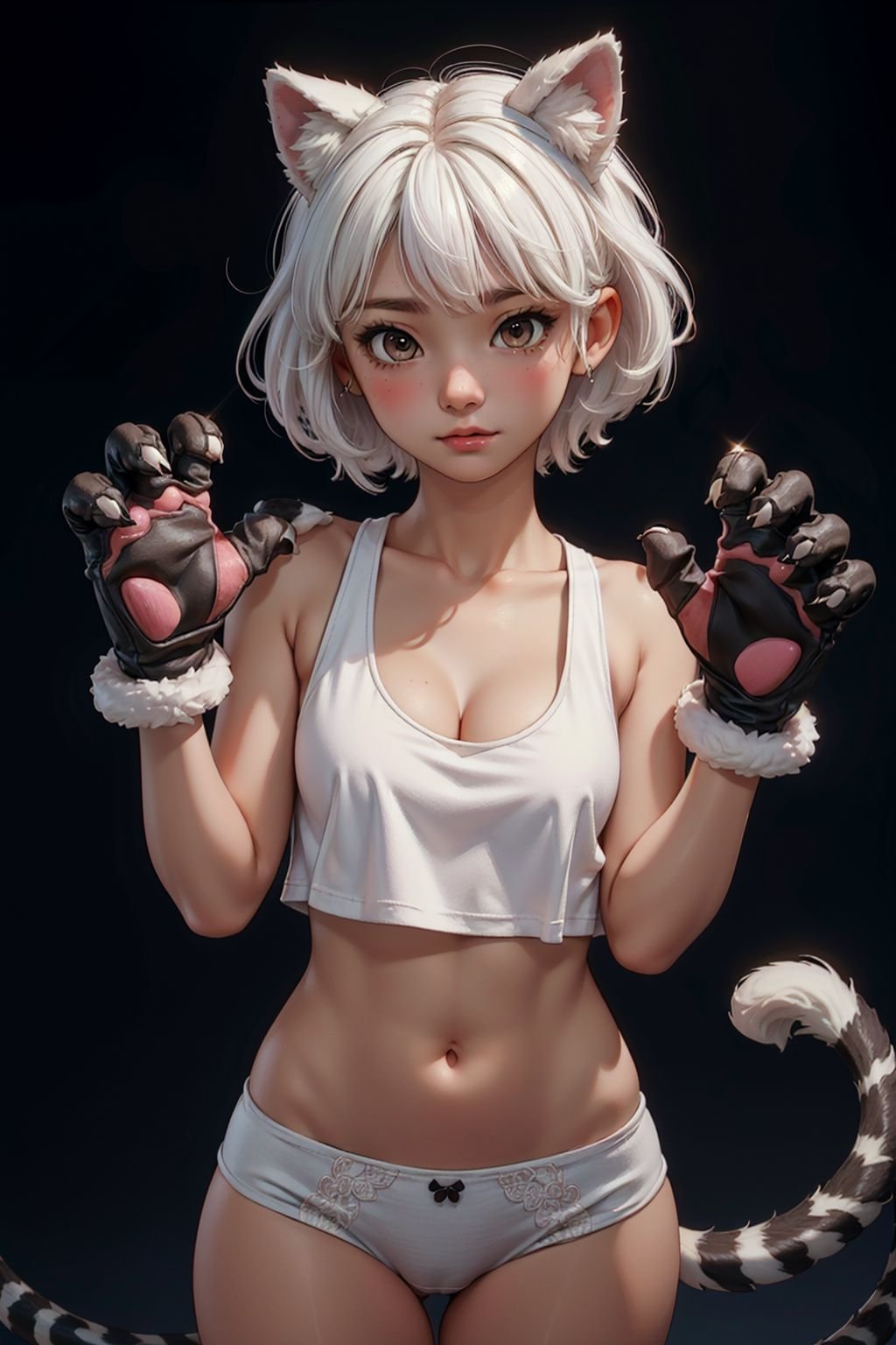 (masterpiece, best quality), intricate details,1girl, cute, solo, monster girl, animal ears, white hair, short hair, brown eyes, tail, medium breasts, navel, white panties, black fur, (animal hands:1.2), tank top, cleavage