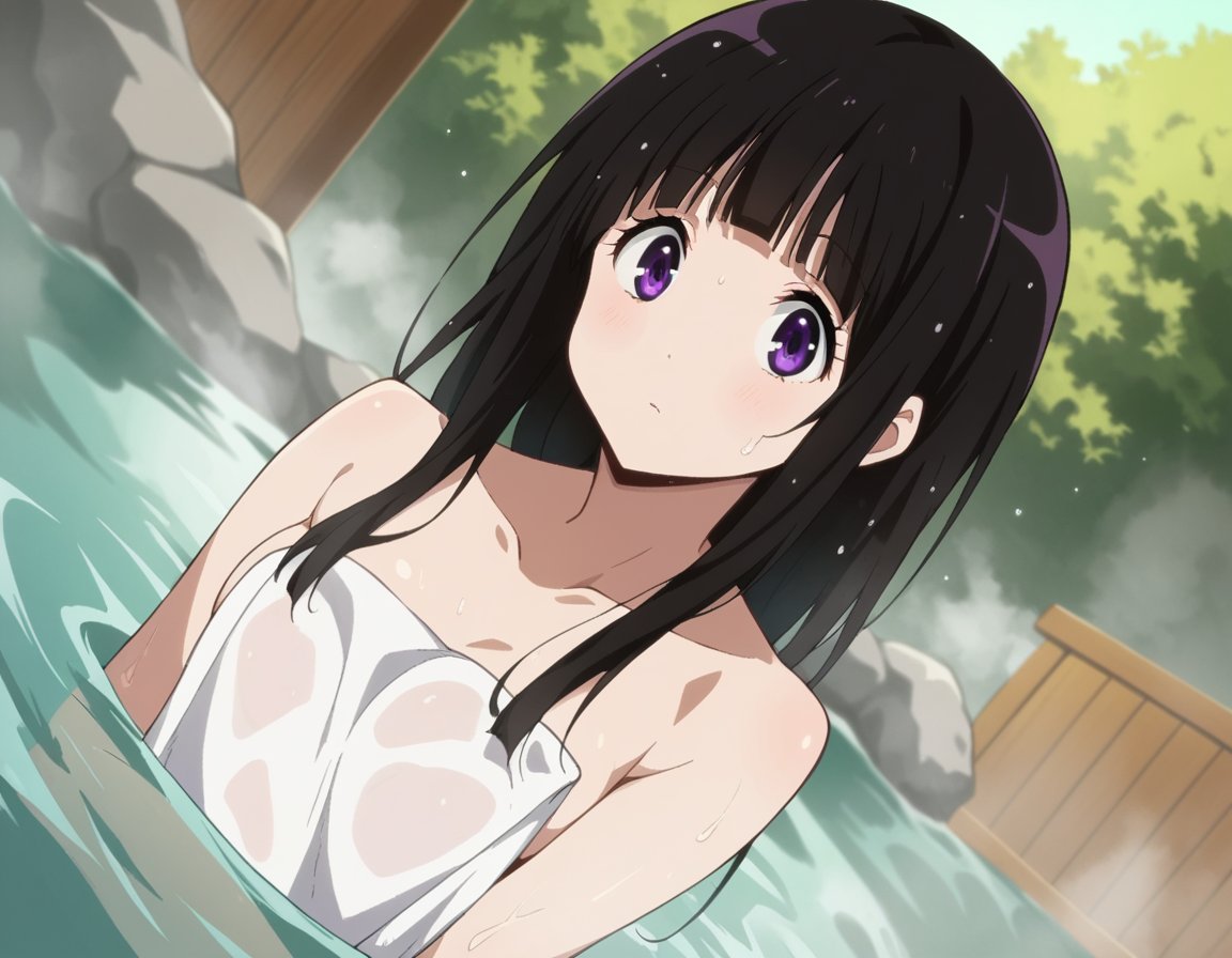 score_9, score_8_up, score_7_up, source_anime,eruchitanda, <lora:eru-chitanda-s1-ponyxl-lora-nochekaiser:1>,eru chitanda, long hair, black hair, bangs, blunt bangs, purple eyes, sidelocks,nude, naked,outdoors, onsen, towel, naked towel, steam, bathing, nude cover, partially submerged, water, bath, steam censor, wet towel,looking at viewer, cowboy shot, dutch angle,