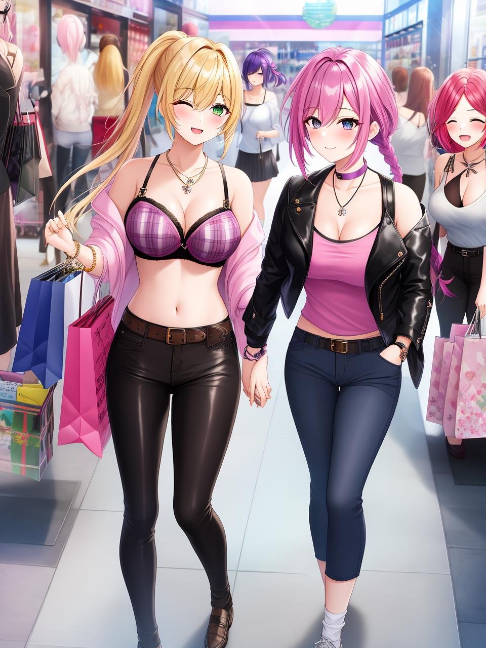 long_hair, blush, smile, short_hair, open_mouth, bangs, blue_eyes, multiple_girls, blonde_hair, large_breasts, brown_hair, black_hair, hair_ornament, cleavage, twintails, medium_breasts, underwear, green_eyes, purple_eyes, jacket, closed_eyes, ponytail, pink_hair, purple_hair, braid, multicolored_hair, pleated_skirt, one_eye_closed, shoes, choker, socks, midriff, belt, pants, necklace, off_shoulder, hair_over_one_eye, twin_braids, side_ponytail, bracelet, two-tone_hair, streaked_hair, black_jacket, plaid, 6+girls, black_pants, ring, handbag, off-shoulder_shirt, hand_on_another's_shoulder, butterfly_hair_ornament, leather, purple_bra, shopping_bag, leather_jacket, shopping