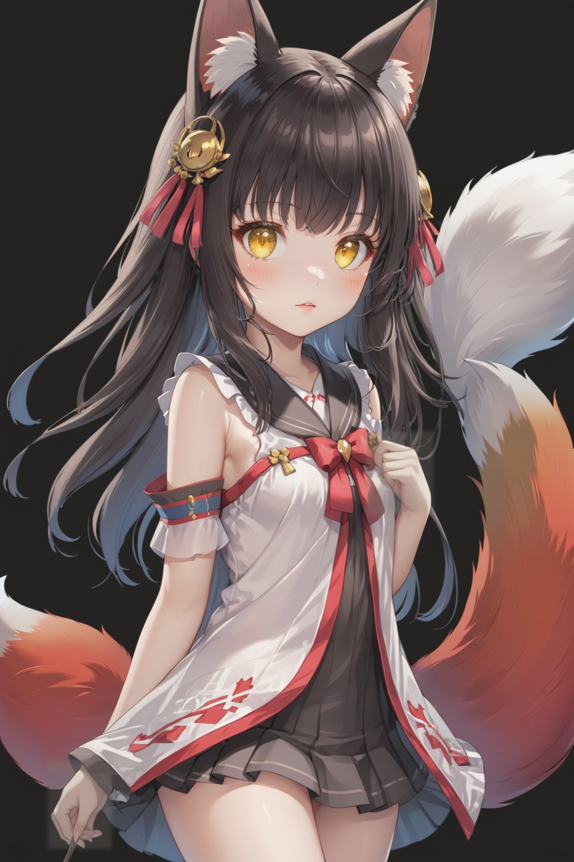 (masterpiece),(best quality),illustration,ultra detailed,hdr,Depth of field,(colorful),[iumu],[Sheya],[Artist chen bin],transparent background,1girl,(loli:1.3),solo,full body,tachi-e,nagato,black_hair,yellow_eyes,fox_ears,fox_tail,