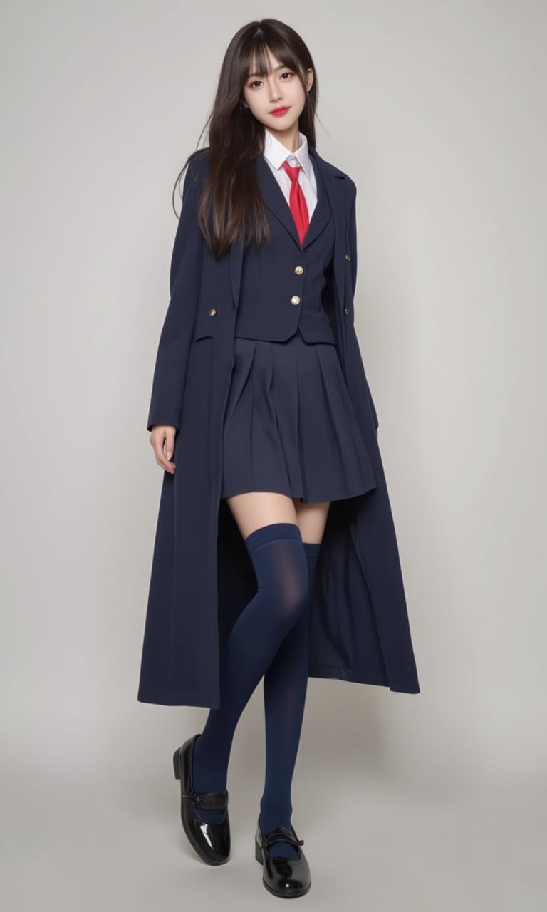 A stunning 25-year-old young woman, radiating youth and vitality, is dressed in a classic Japanese JK (high school girl) uniform. Her long, flowing hair cascades down her shoulders, complementing her graceful appearance. The uniform consists of a neatly pressed blazer in a deep navy blue, adorned with a crisp, white collar and a red ribbon tie. She wears a pleated skirt that falls just above her knees, also in navy blue, which matches her polished Mary Jane shoes. Her legs are adorned with thigh-high socks, adding a touch of playful charm. The girl's bright, expressive eyes and warm smile exude confidence and charisma, making her an enchanting sight to behold.