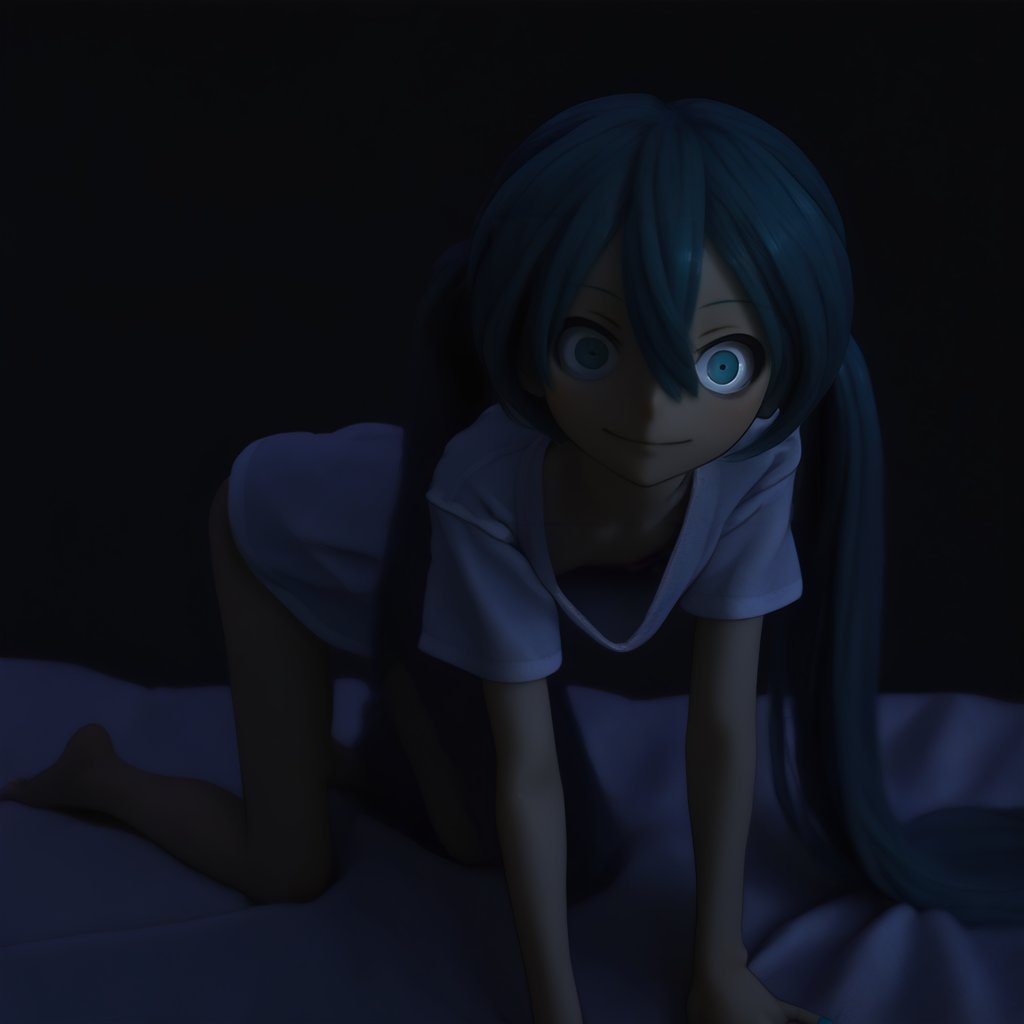 score_9, narupajin, hatsune miku, 1girl, skinny, very long hair, hair between eyes, twintails, wide-eyed, looking at viewer, smile, aqua hair, aqua eyes, aqua nails, solo ,all fours, barefoot, on bed, (striped shots:0.7), white shirt, oversized shirt, downblouse, (pink scrunchie:0.8), pale skin<lora:narupajin1:0.9> <lora:lowlight_1721964122_1721964450_dim32_sv_fro_dp0.92_1721964790_1722820361:2.75>