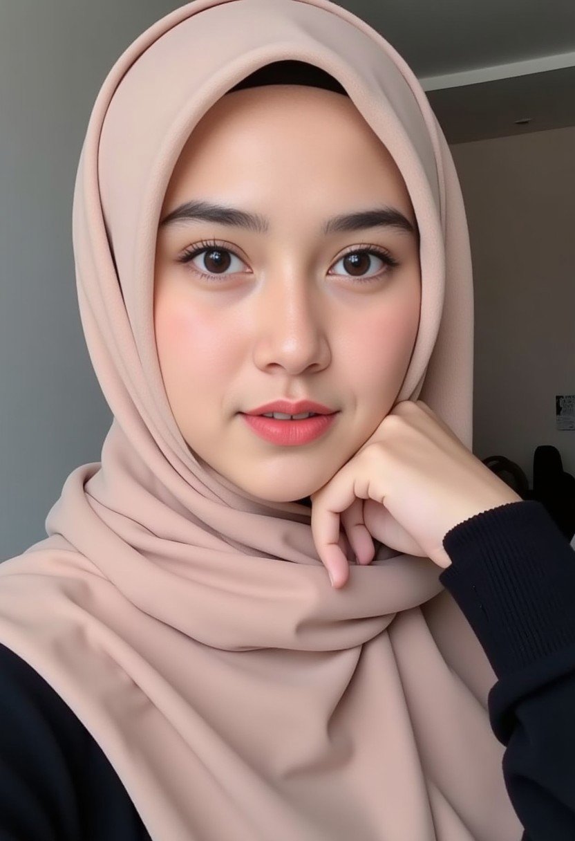 Indonesia woman wearing hijab looking at viewer, close mouth, beautiful lips, realistic, hijab_selfie