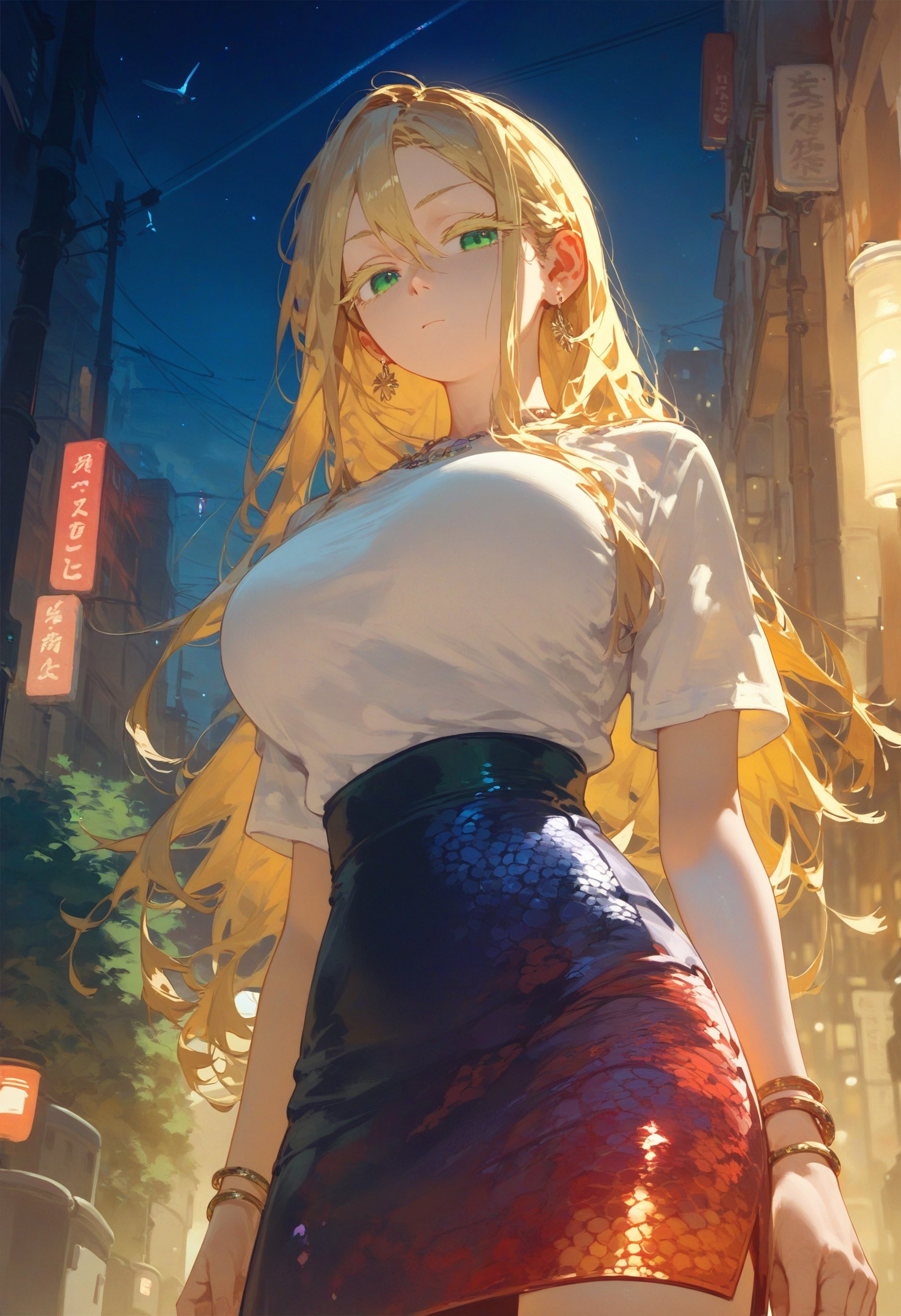 score_9,score_8_up,score_7_up,score_6_up,source_anime,from below,<lora:Kyomu_Ai_StyleXL:1>,1girl,upper body,street,night,reflective skirt,large breasts,blonde hair,colored eyelashes,green eyes,jewelry,earrings,bracelet,long hair,hair hair between eyes,