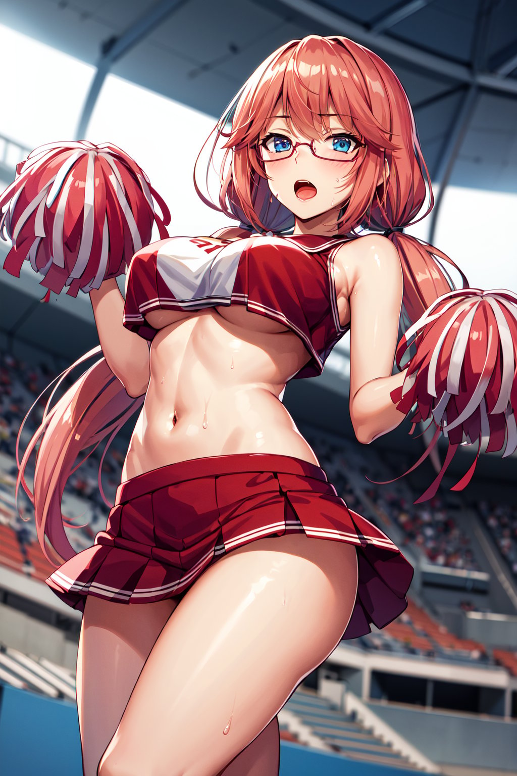 masterpiece, best quality, highres, 1girl, solo, long hair, pink hair, low twintails, blue eyes, glasses, large breasts, <lora:sakura_airi_v1:0.7>, cheerleader, pom pom \(cheerleading\), sweat, open mouth, stadium,