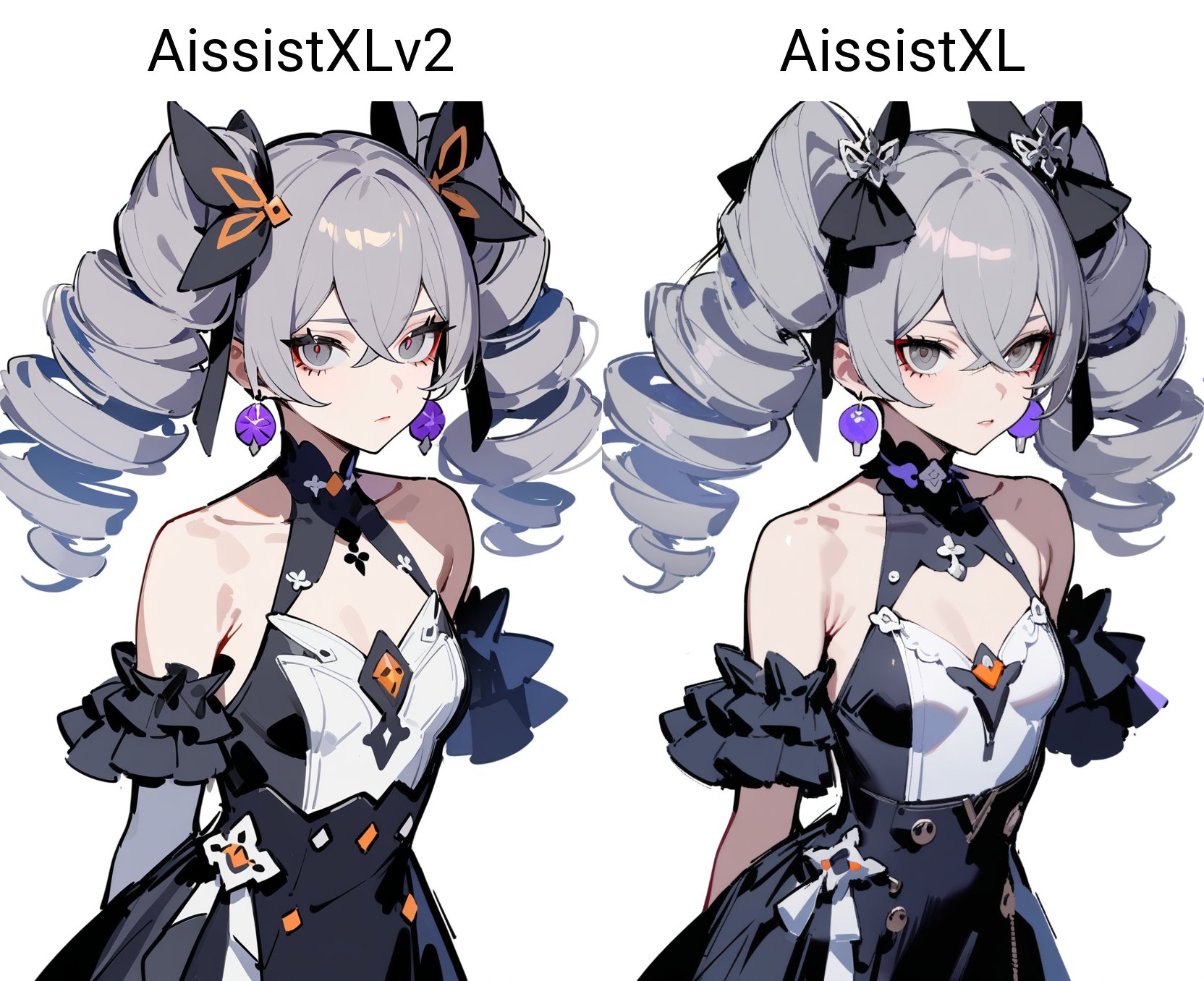 1girl, bronya zaychik, honkai impact 3rd, honkai \(series\),medium hair, wavy hair, twintails, silver hair, grey eyes, small breasts, dress, frills,white background, simple background, sketch, lam \(ramdayo\),masterpiece, best quality, very aesthetic, absurdres, 