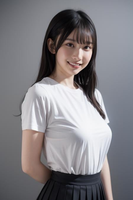 1girl,solo,skirt,smile,shirt,looking at viewer,long hair,white shirt,bangs,arm behind back,simple background,mole,pleated skirt,black hair,grin,grey skirt,short sleeves,holding,blunt bangs,grey background,teeth,brown hair,shirt tucked in,realistic,t-shirt,best quality,masterpiece,illustration,an extremely delicate and beautiful,CG,unity,8k wallpaper,Amazing,finely detail,masterpiece,official art,extremely detailed CG unity 8k wallpaper,incredibly absurdres,huge filesize,ultra-detailed,highres,extremely detailed,beautiful detailed girl,realistic,outdoors,light contrast,<lora:Kaho Fujishima:0.8>,