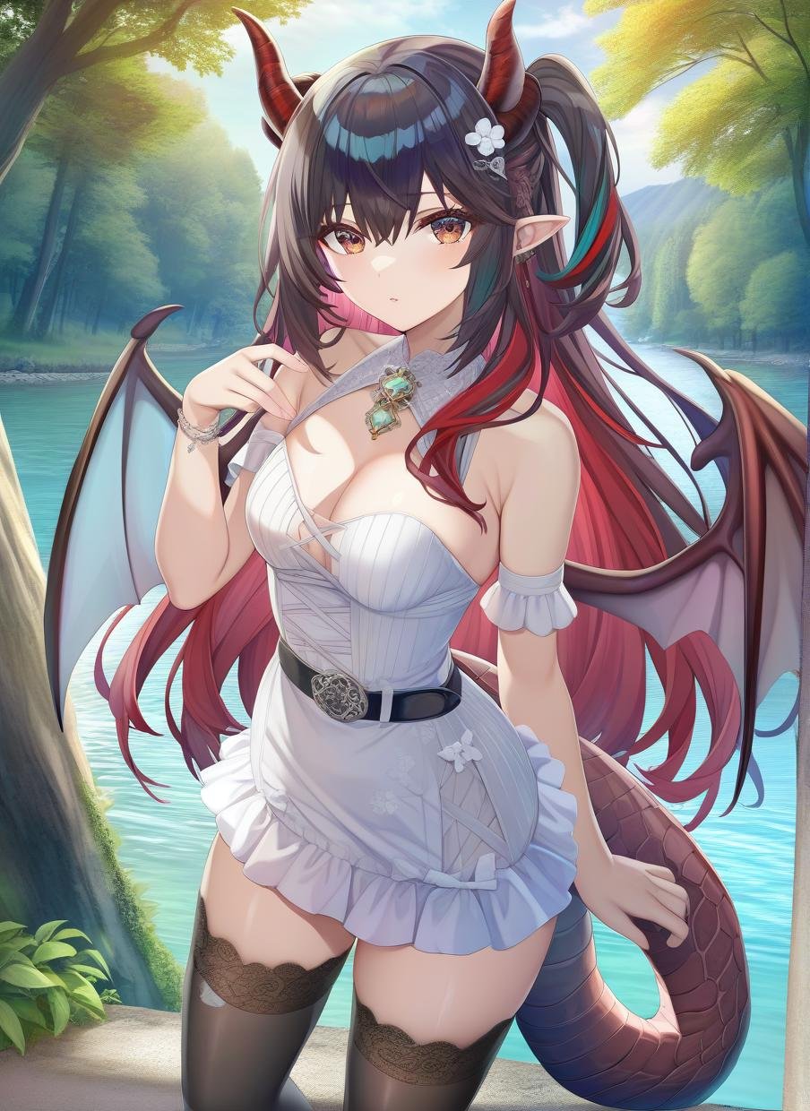 1girl, torino aqua, masterpiece, best quality, solo, dragon tail, dragon wings, horns, white dress, long hair, side up, river, tree, forest, pointy ears, bare shoulders, belt, black hair, black thighhighs, brown eyes, cleavage, dress, looking at viewer, multicolored hair, nature, outdoors, red hair, short dress, small breasts, standing, tail, thighhighs, very long hair,   