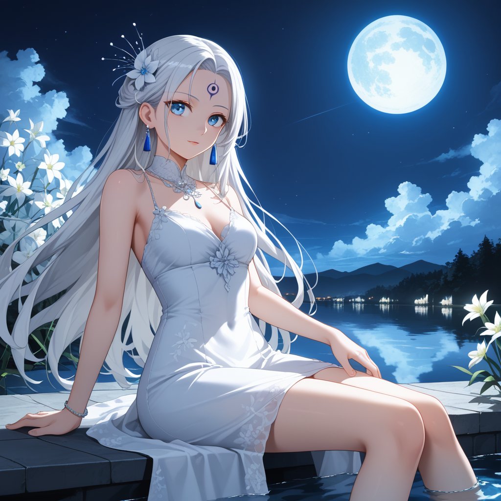 SFW,(masterpiece:1.2),best quality,absurdres,masterpiece,original,extremely detailed wallpaper,perfect lighting,(extremely detailed CG:1.2),1girl, solo, long hair, blue eyes, hair ornament, dress, jewelry, sitting, flower, white hair, earrings, sky, cloud, water, white dress, bare legs, night, facial mark, moon, forehead mark