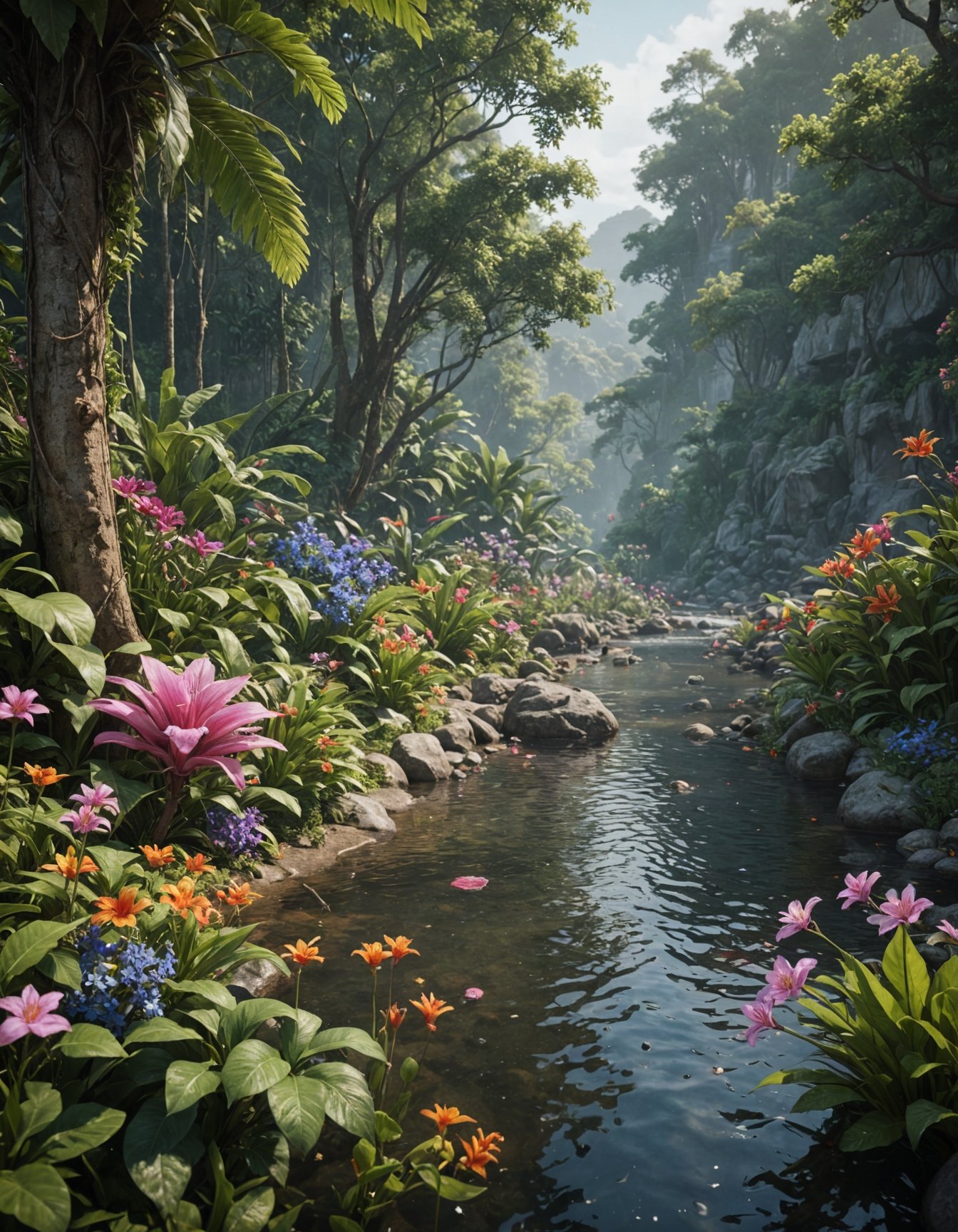 unreal engine 5 render, jungle, river, flowers, extremely detailed, colorful