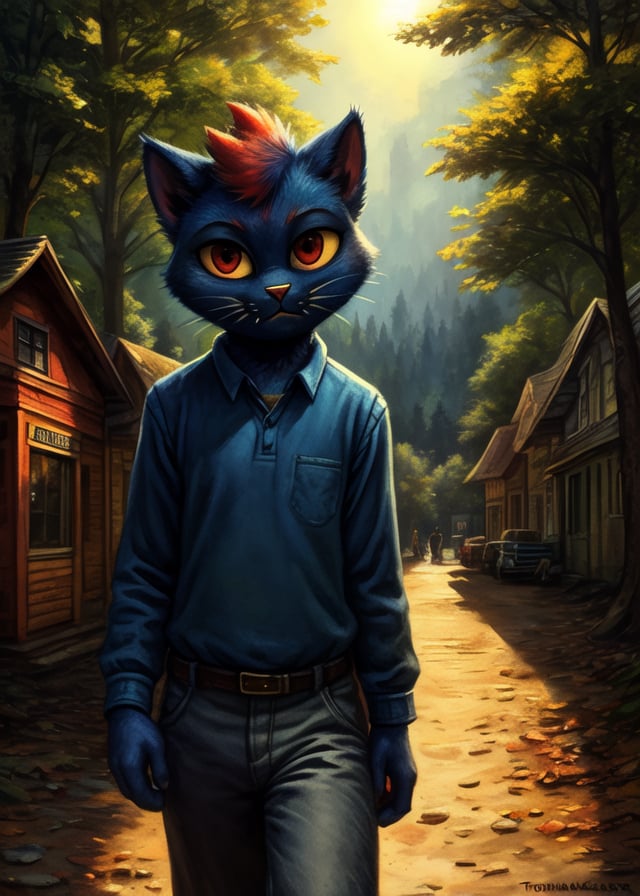 by Norman Rockwell, by Thomas Kinkade, by Kenket, night in the woods,solo (mae borowski:1.25), blue body, blue light, blue topwear, grey pants, town, forest, night,BREAK,detailed background, depth of field, shadow, sunlight,ambient silhouette, backlighting,masterpiece, best quality, 4k, 2k, high detail, shaded, absurd res