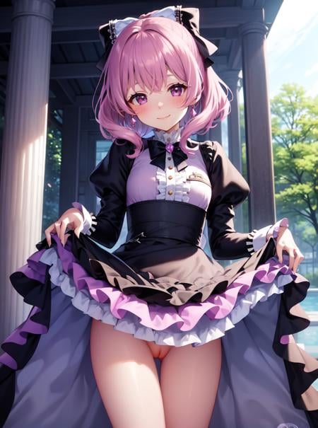 beautiful woman wearing a pastel purple (idol dress) <lora:idol_dress-2.0:0.8>,layered skirt, frills, ribbon, bow, sequins, petticoat, coy smile, nude, ((dress lift)), pussyPavilion