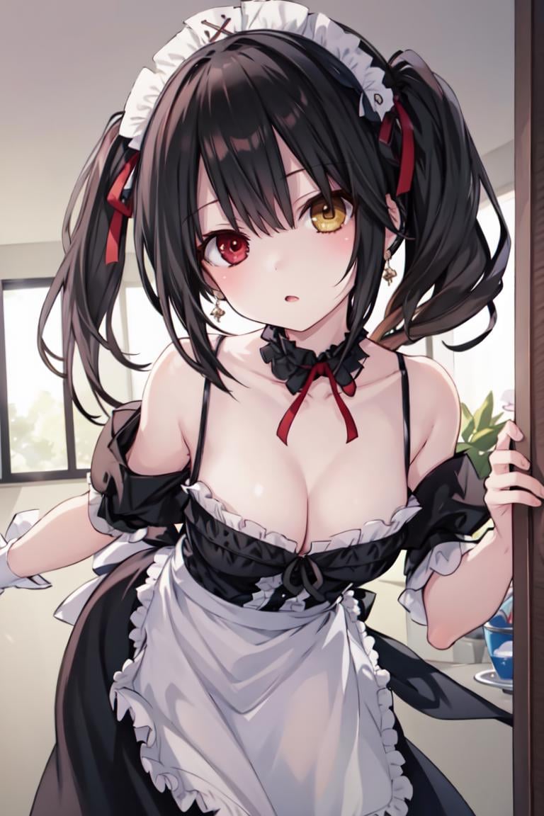 1girl, solo, cowboy shot, bent over, leaning forward, <lora:aki:0.8>,  tokisaki kurumi, black hair,  heterochromia, long hair, low twintails, twintails, earrings, medium breasts, cleavage, red ribbon, hair ornament, maid headdress, maid apron, bare shoulders, detached sleeves, frills, looking at viewer, head tilt, indoors, hallway, <lyco:glaringV_Conv2D:1.0>, glaring, angry,, weird atmosphere, (best quality:1.1), (masterpiece:1.2), high quality shadow, beautiful detailed, (high detailed skin, skin details), (wide_landscape, 8k), beautiful face, detailed eyes, depth of field, dramatic light, best quality, highres, best shadow, best illumination,