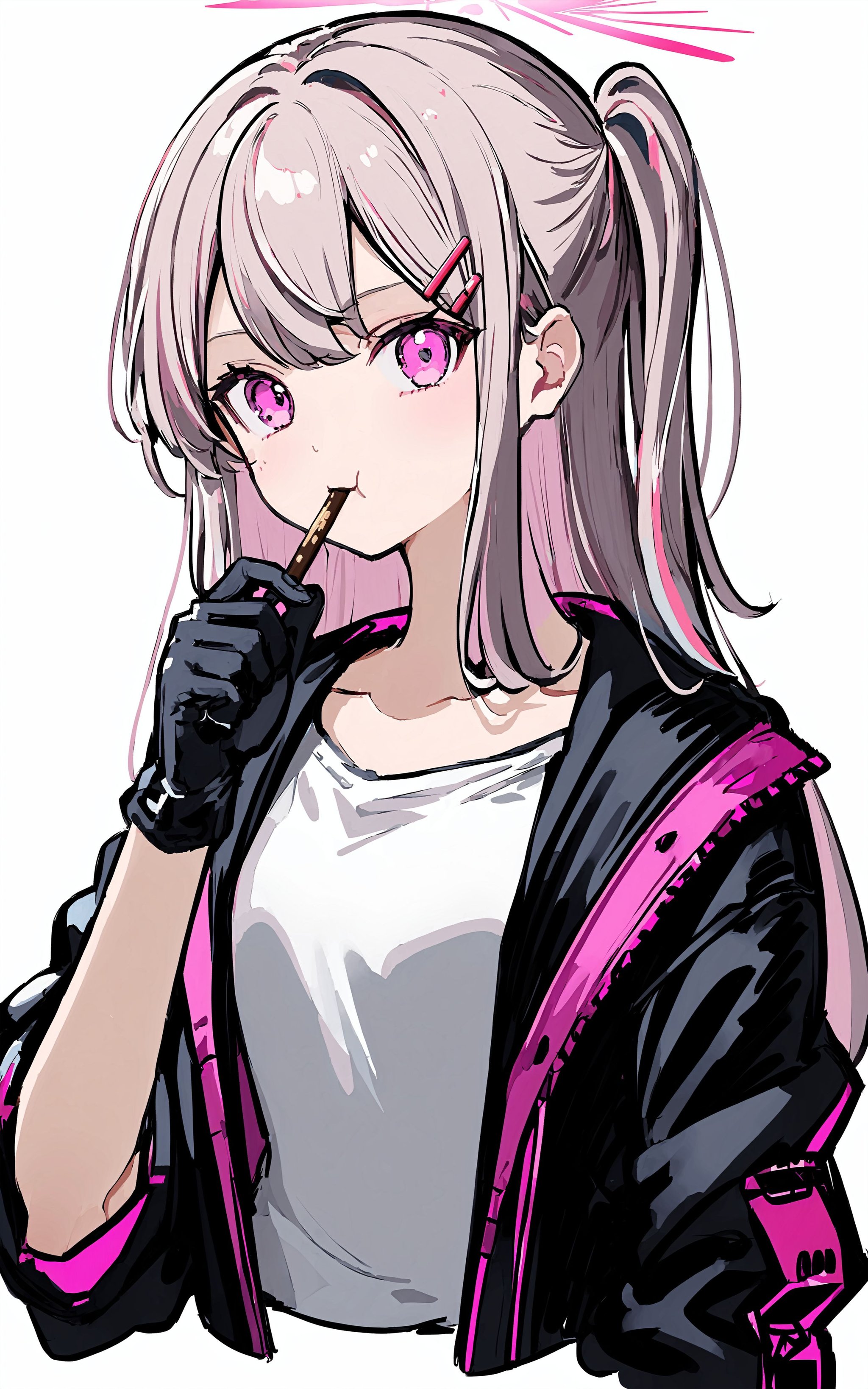 halo, 1girl, solo, jacket, holding, one side up, pink hair, black jacket, gloves, white background, simple background, :t, long hair, open clothes, food, open jacket, pocky, black gloves, upper body, holding food, shirt, eating, looking at viewer, hairclip, cropped torso, hair ornament, pink eyes    <lora:XLTEST 10:0.75>