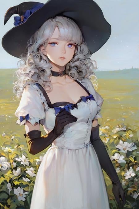 score_9, score_8_up, score_7_up, 1girl, witch hat, hat, solo, long hair, flower, dress, choker, puffy sleeves, looking at viewer, grass, white dress, bow, hat bow, white hair, black choker, plant, outdoors, blue eyes, purple eyes, black headwear, bangs, long sleeves, gloves, witch, blue bow, wavy hair, short sleeves, puffy short sleeves, elbow gloves, black gloves, standing, field, grey hair, sky, purple bow, breasts, curly hair, parted lips, expressionless, cowboy shot, closed mouth, leaf <lora:Photo 2 Style SDXL_LoRA_Pony Diffusion V6 XL:1>