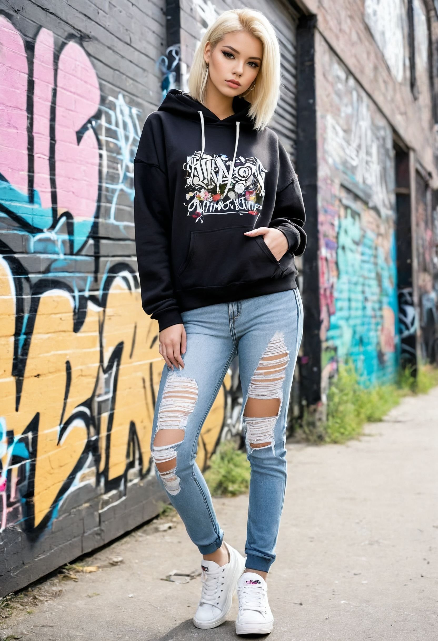 1girl, idol, blonde hair, black hair, makeup, hoodie, outdoors, graffiti, Street art inspired hoodie, distressed jeans, High-top sneakers, street