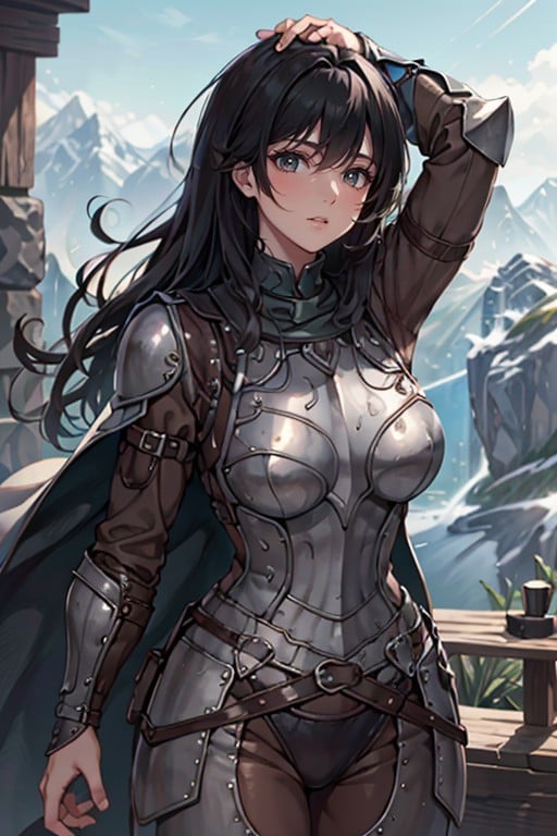 <lora:HXarmour_080:0.8>,mountain,Hands above the head,, hxarmour,1girl,(black armour:1.3),, ultra-detailed,extremely delicate and beautiful,(by exquisite colors block),masterpiece,best quality,unreal engine 5 rendering,movie light,movie lens,movie special effects,detailed details,HDR,UHD,8K,CG wallpaper,