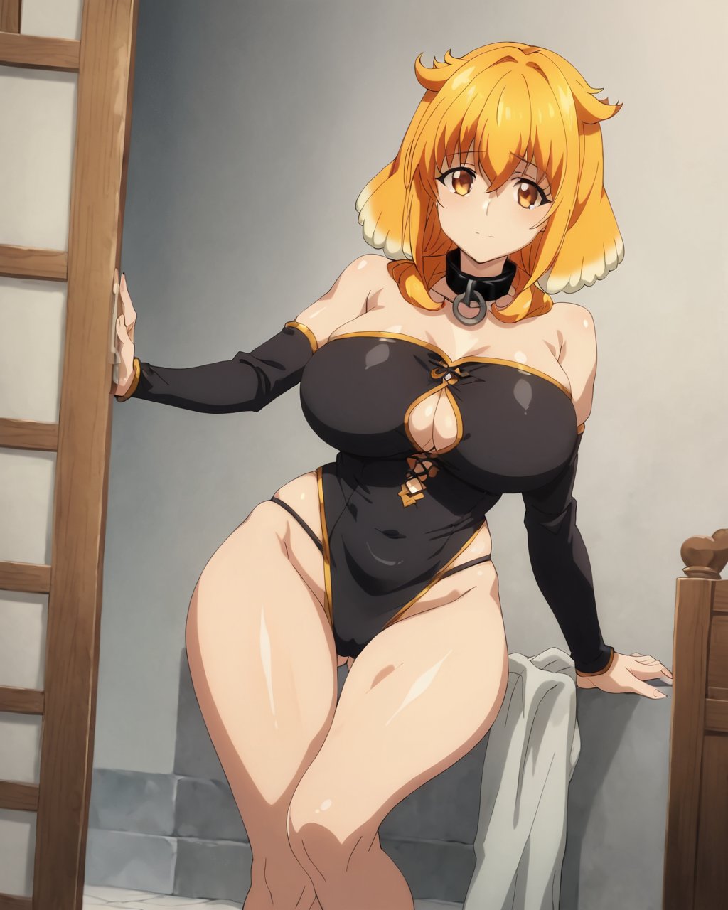 score_9, score_8_up, score_7_up, source_anime,masterpiece,best quality,highres,absurdres,official art,official style,source_anime,anime screencap,anime coloring,megami magazine,anime,animated,explicit,huge breasts,shiny skin, <lora:Roxanne:1> roxanne, large breasts, animal ears, orange hair, dog ears, blonde hair, brown eyes, orange eyes, short hair,multicolored hair,bangs,  black collar, bare shoulders, clothing cutout, collarbone, detached sleeves, 