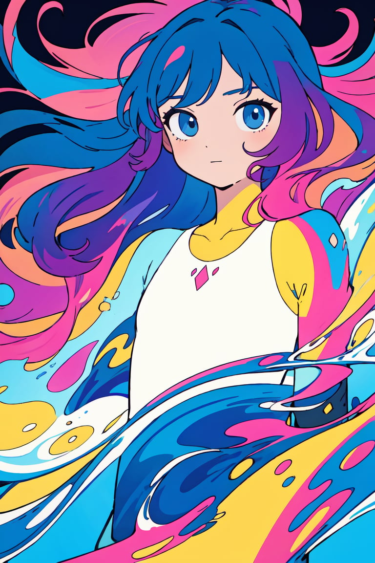 (masterpiece, best quality:1.2), (flat color:1.2),(2D:1.3),(colorful:1.2),looking at viewer,1girl,solo,upper body,floating colorful water,ff gradient