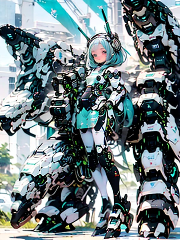 ((8-13yo)),(masterpiece), science fiction, scenery, 1girl, short hair, bangs, aqua hair color, light blue eyes,mecha headgear, sci-fi bodysuits,((Mecha girl:1.2)),((Mecha equipment)),(Holding a 1000mm caliber sniper rifle),((((Girl bends her knees and stands on top of mecha equipment robot)))),((Girl and robot running)),((The girl prepares to take aim)),(non-humanoid robot),non-humanoid robot,high_school_girl,RRS,MRS,robot,roblit,mechanical arms,PD-802,dragon ear,mecha girl<lora:EMS-352819-EMS:0.800000>, <lora:EMS-1489-EMS:0.800000>, <lora:EMS-2310-EMS:0.500000>