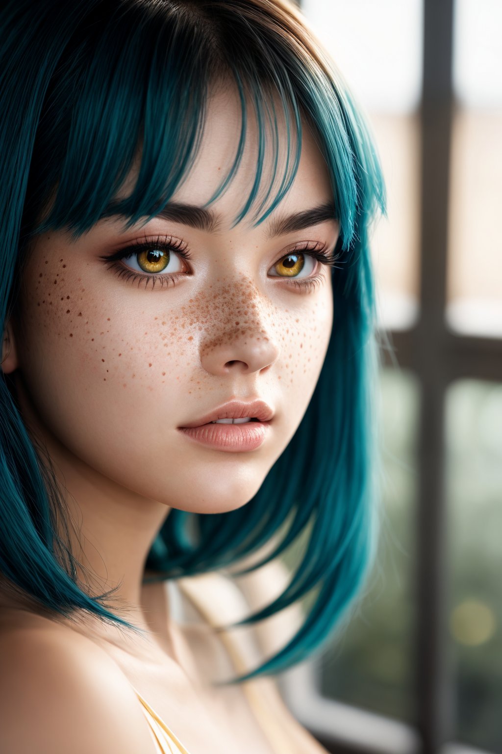 cinematic still anime artwork Medium format photo, (Young woman with cyan hair posing gently:1.2), Symmetrical balance, Soft features, Delicate freckles, (Subtle yellow eyeshadow:1.2), Creamy complexion, Nature-inspired beauty, (Authentic freckled skin:1.3), Captured with a Hasselblad X1D II 50C, 80mm f/1.9 lens, Ethereal light, Subdued tones <lora:balanced lighting image enhancer v1.04:0.62> . anime style, key visual, vibrant, studio anime, highly detailed . emotional, harmonious, vignette, highly detailed, high budget, bokeh, cinemascope, moody, epic, gorgeous, film grain, grainy