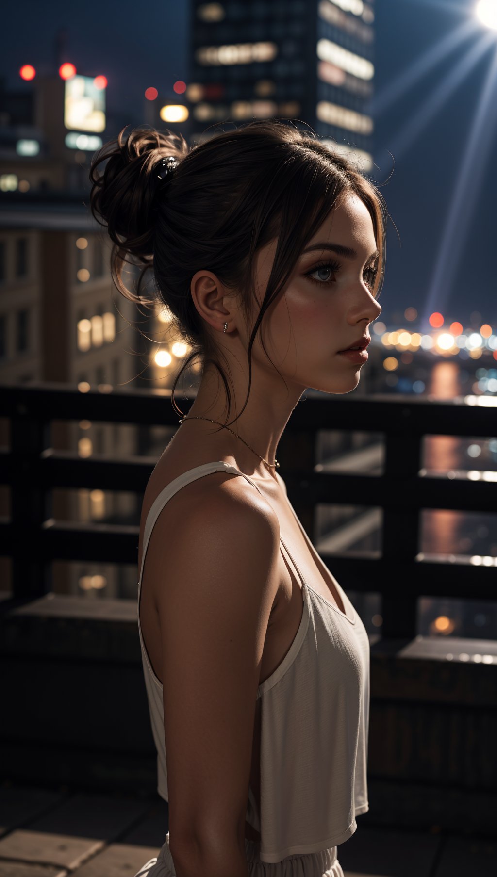 god rays,interesting background,unique background,dramatic light,dramatic pose,dramatic angle,solo,Expressive,woman,brunette,beautiful,cute,model,hair up,city,night,summer,(looking at viewer),