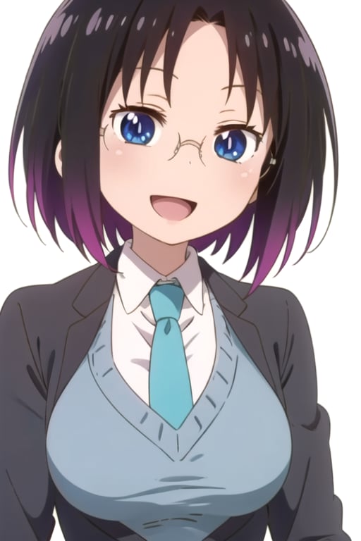 solo, 1girl, looking at viewer, 2D, anime, official style, anime coloring, anime screencap, upper body, (simple background, solid white background:1.3), <lora:elma-maidragon:0.8>, elma joui, glasses, blazer, sweater, necktie, smile, :d