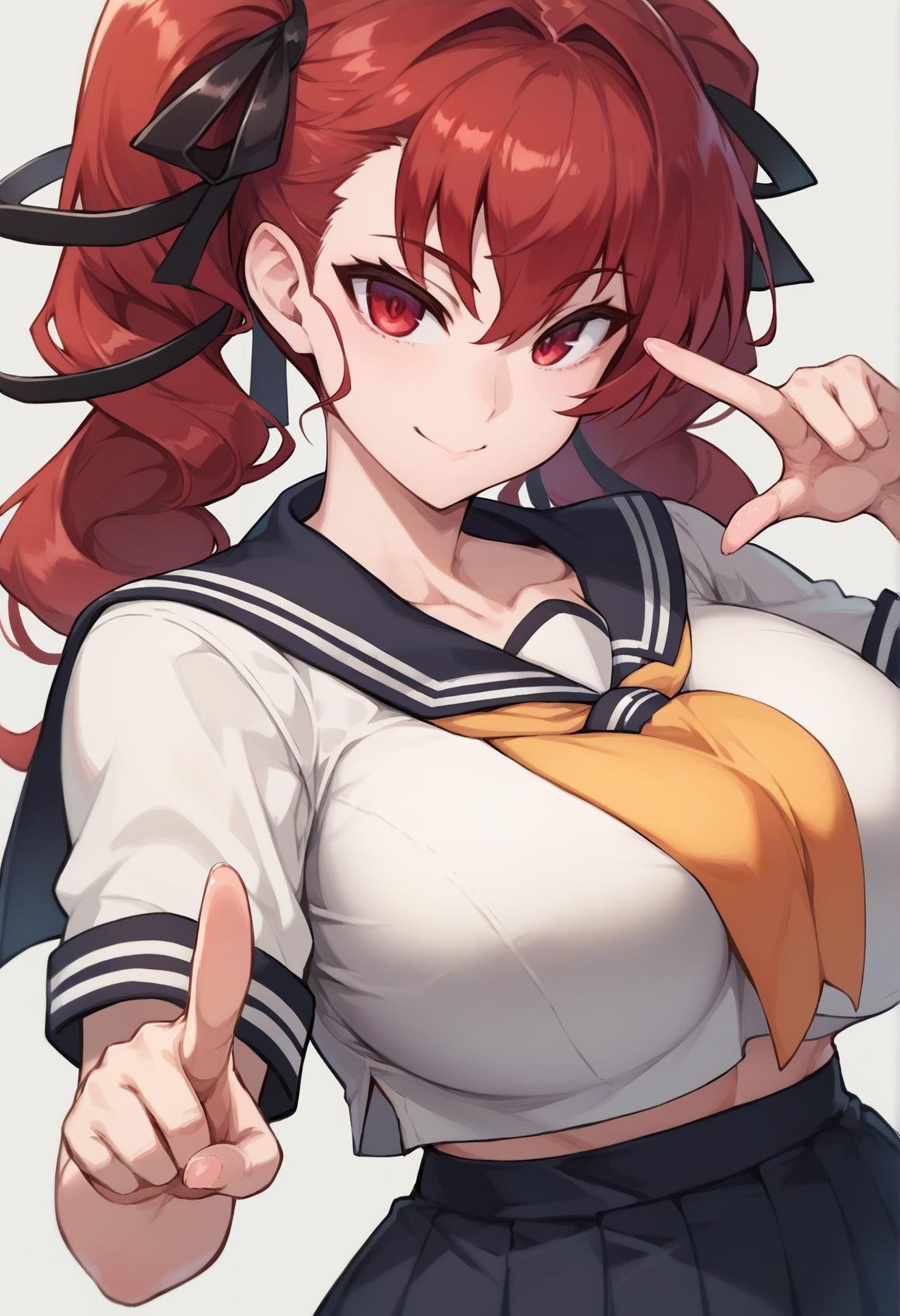 score_9, score_8_up, score_7_up, source_anime, 1girl,red eyes,smile, simple background, red hair, red eyes, huge breasts, thick thighs, wide hips, school uniform, serafuku, pointing to viewer, looking at viewer, smile, dynamic pose, long hair, twintails, black ribbon<lora:Panda-Ookuma-Style-PonyXL-000048:1>