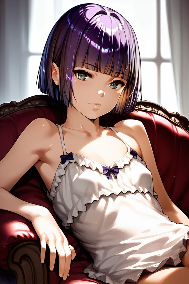 score_9, score_8_up, score_7_up, 1girl, dark_purple hair, round_fringe, grey eyes, flat chest, reclining, beautiful background <lora:Menyoujan_PonyXL_style_v01.06.01:1>